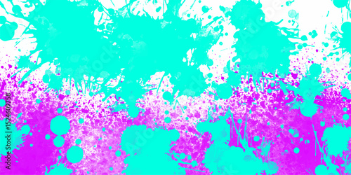 Abstract colorful paint splatter art background in turquoise and purple with artistic brushstrokes and splashes on a white backdrop
