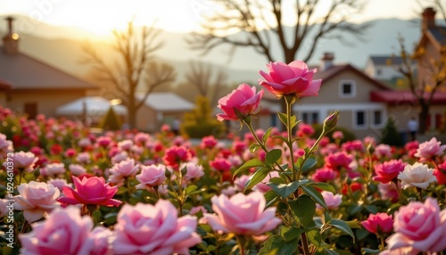Wallpaper Mural Beautiful Pink Roses Blooming in a Garden at Sunset near Houses A Stunning Floral Scene Torontodigital.ca