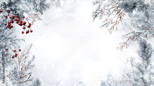 Festive Christmas border featuring snowy fir branches and red berries against a white backdrop