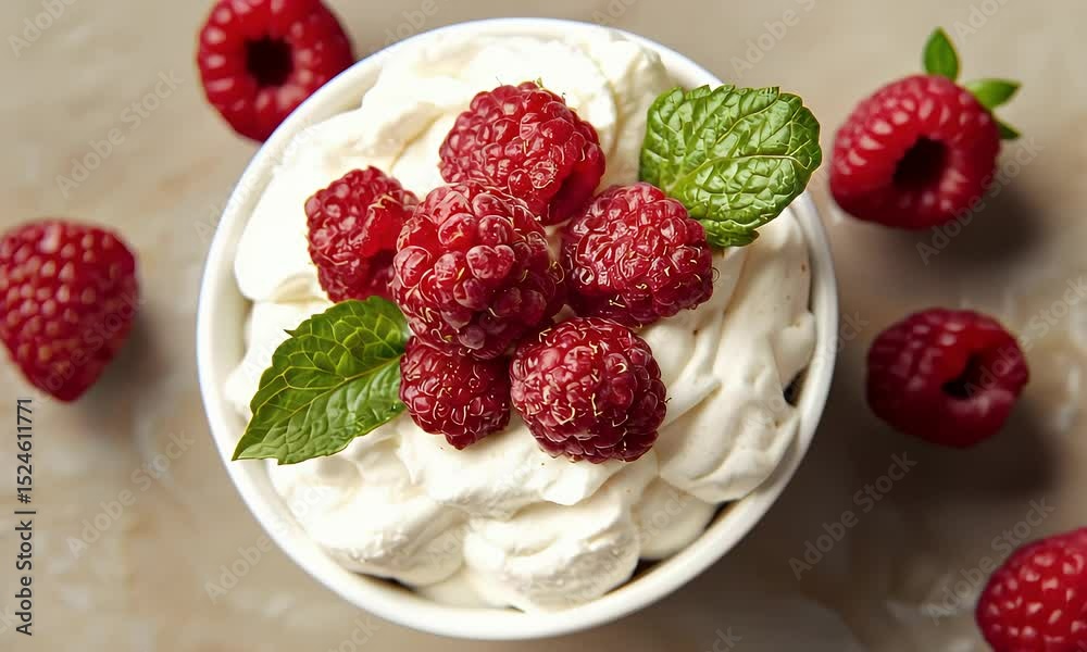 Fresh Red Raspberries Topped with Whipped Cream and Mint in White Bowl on Neutral Background For Dessert or Healthy Fresh Red Raspberries Topped with Whipped Cream and Mint in White Bowl on Neutral Background For Dessert or Healthy