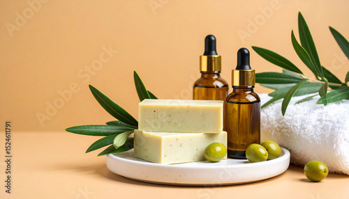 Olive handmade soap with olive fruit and leaves on an orange background.