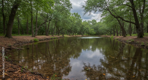 Pond surrounded by trees in forest