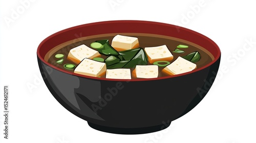 A bowl of miso soup with tofu cubes and seaweed, garnished with green onions, in a dark-rimmed bowl