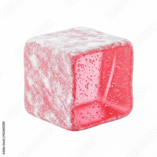 Single red turkish delight candy covered in powdered sugar on white background
