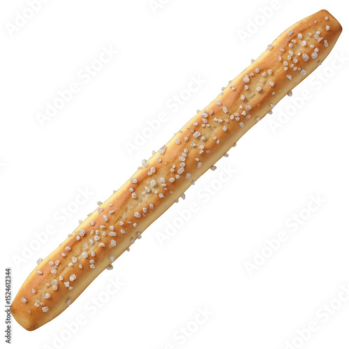 Single breadstick covered with salt crystals on transparent background