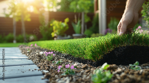 Man’s hand installs artificial grass outdoors on concrete tiles. Home improvement DIY landscaping project in a residential garden under daylight. Eco-friendly modern yard work and gardening scene.

