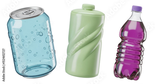 Soda can, plastic bottle and juice bottle floating on transparent background