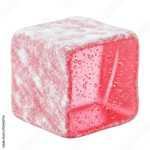 Single red turkish delight cube with bubbles on transparent background