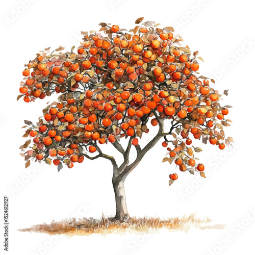 A Persimmon Tree, watercolor drawing vector, high quality, isolated on a white background.