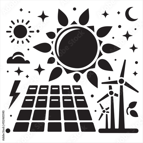 Sustainable Energy Solar Panels, Wind Turbines, and Renewable Power Sources Illustration