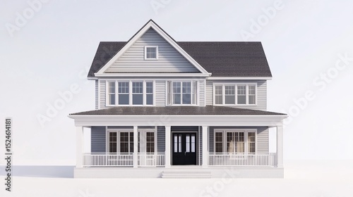 A digitally rendered two-story house, light grey siding, dark grey roof, white trim, front porch with railings, and a centered black front door, set against a plain white background