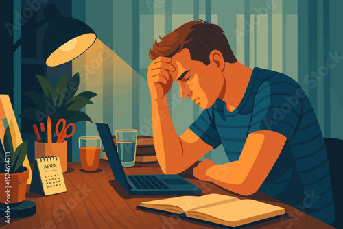 The illustration depicts a young man sitting at a desk late at night, appearing stressed or deep in thought while working on a laptop. He is resting his head on one hand and wearing a striped t-shirt.