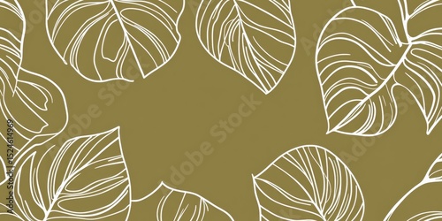 A seamless pattern of simple line drawings of tropical leaves and monstera plants in white on an olive green background