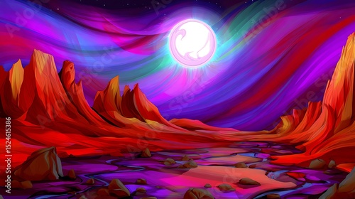 Surreal lunar landscape in vibrant colors