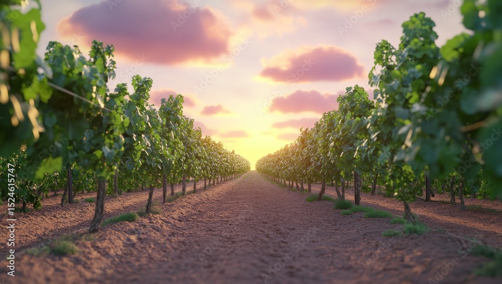 Fototapeta premium Picturesque vineyard landscape at sunset, rows of grape vines under a colorful sky