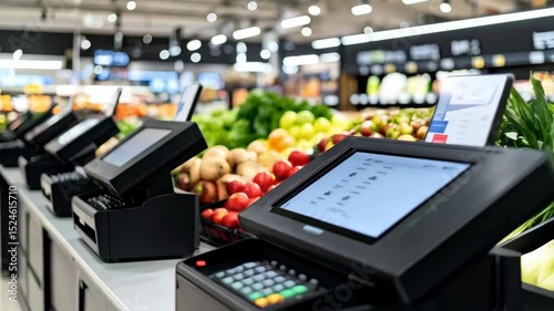 Rows of modern self-checkout stations at a supermarket with fruits and vegetables in the background and integrated card readers