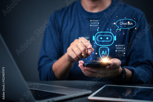 Man hand holding mobile phone showing AI chatbot interface. Concept of artificial intelligence, customer support automation, and virtual assistant technology for smart communication.