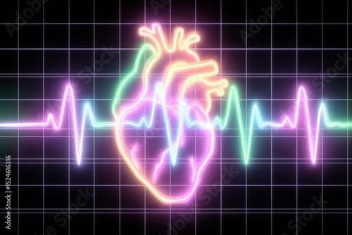 Vector 3D heart with fluctuating pulse lines symbolizing POTS and dysautonomia symptoms with copy space. Neon line lighting. Digital heart monitor background.