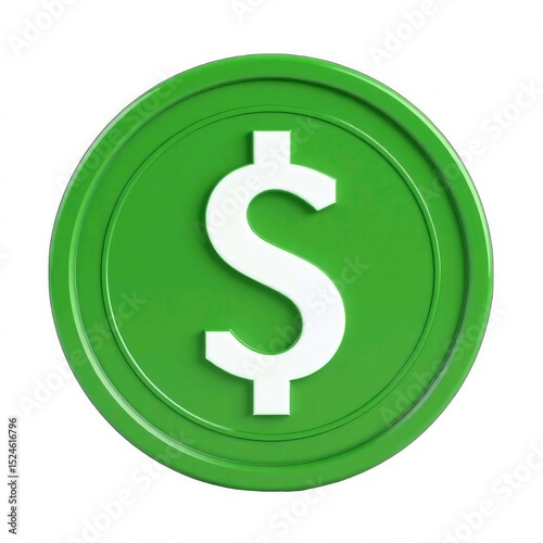 Dollar Currency Symbol on Green Coin 3d icon in cartoon plastic style minimal isolated on transparent white background, clipping path