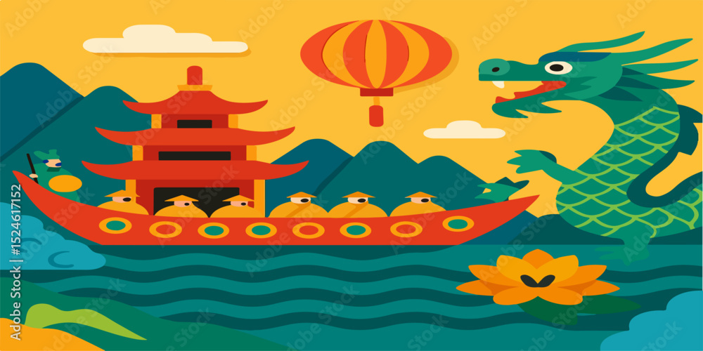 Fototapeta premium Chinese illustration with a dragon, pagoda, boat, lantern, mountains, clouds, and lotus flower.