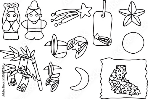 七夕のアウトライン白黒線画イラストセット