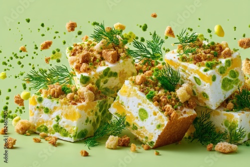 Moldy cheese with green spores puffing into the air and crumbs falling off with copy space. Dramatic soft lighting.Pale yellow background. photo