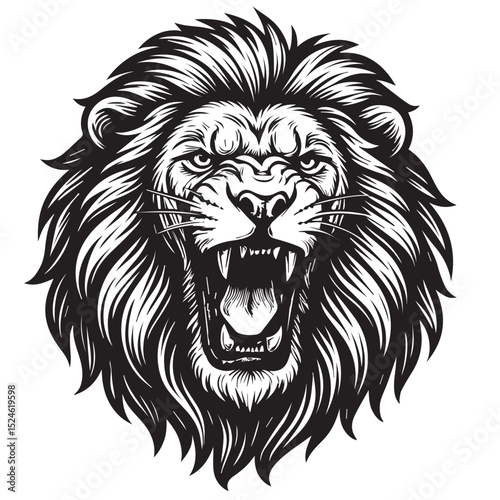 Black and white vector illustration of a roaring lion head in detailed line art.
