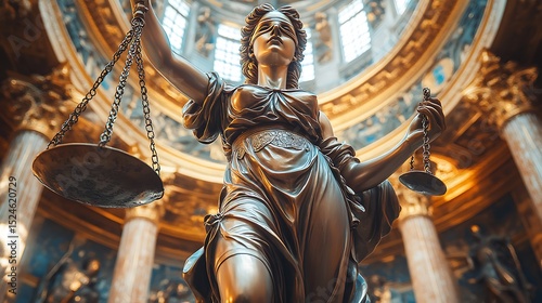 Bronze Lady Justice Statue in Ornate Courthouse with Law  Order Concept.