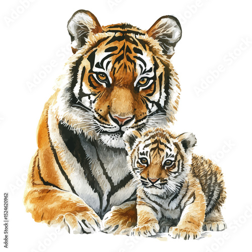 A Mother Tiger With Her Kid, watercolor vector, high quality, isolated on a white background.