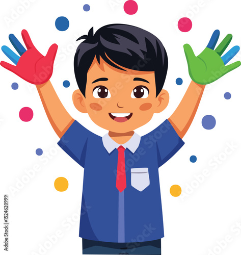 Minimalist vector of a child smiling while holding up colorful paint-covered hands. White background, playful paint dots, soft vector style