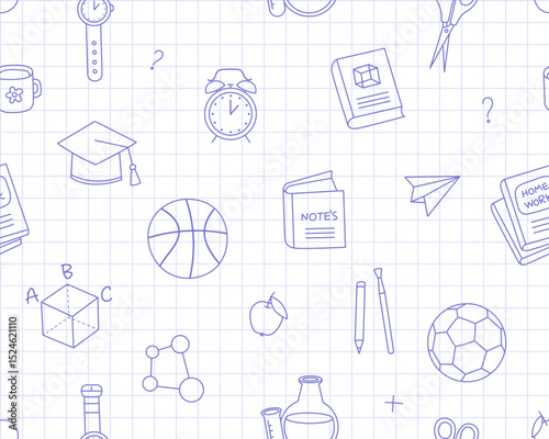 Seamless simple pattern, checkered notebook sheet of papers with doodle outline illustrations of school supplies, white background. Book, textbook, square academic cap, ball, chemical flask.