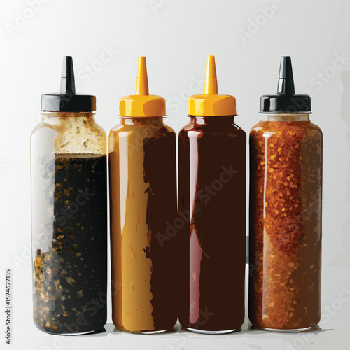 Spices and herbs in old glass bottles with droppers, isolated on white, suggesting food or health-related liquids