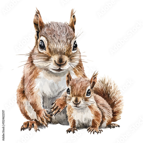 A Mother Squirrel With Her Kid, watercolor drawing vector, high quality, isolated on a white background.