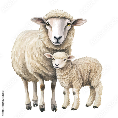 A Mother Sheep With Her Kid, watercolor vector, high quality, isolated on a white background.