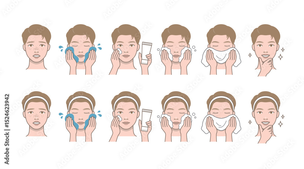 Fototapeta premium Attractive man character who washes his face. Male portrait cleansing face.