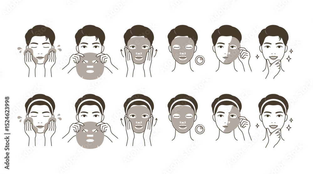 Fototapeta premium Cosmetic skin care routine_Attractive man using face pack, sheet mask. Male portrait grooming.