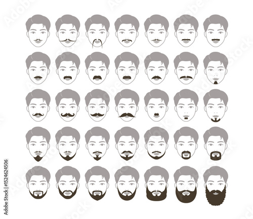 Attractive man character with various kinds of beard design. Fashion style of beard and mustache.