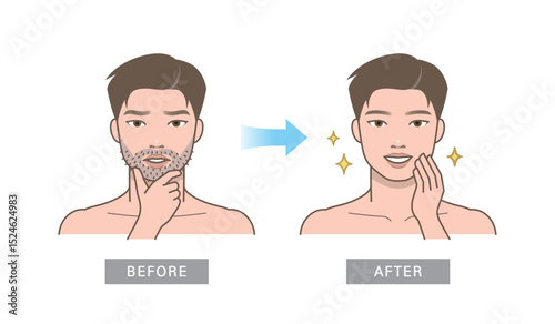 Attractive man character. Before and after beard shaving. Change of aftershave.