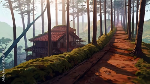 ゲーム背景　山奥の中に突然現れた古い民家がある風景