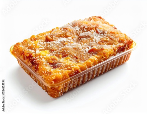 Delicious homemade caramelized fruit dessert in a clear plastic container with crunchy topping and sweet syrup, perfect for snacking or dessert lovers photo