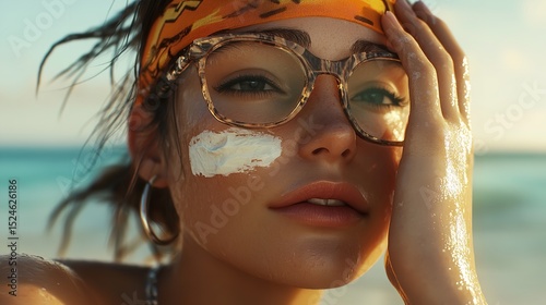 A close-up of a young woman applying sunblock on her face with a sunny beach in the background, showcasing healthy skin protection.