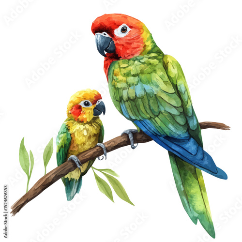 watercolor of A Mother Parrot With Her Kid, vector high quality, isolated on a white background.