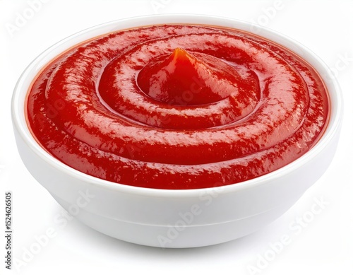 Close-up of a white bowl filled with vibrant red ketchup sauce with a swirl pattern and a dollop in the center, isolated on a white background for condiment and food presentation
