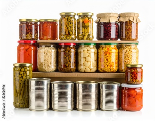 Assorted canned and jarred preserved vegetables and fruits on a white background with shelves and various packaging types for storage and cooking