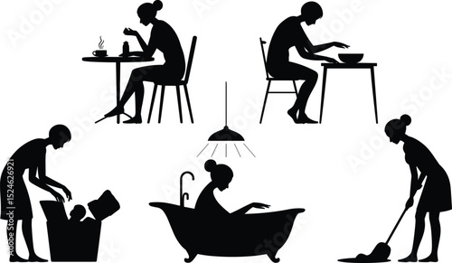 Silhouette of women doing daily tasks, drinking coffee, eating, mopping, bathing, organizing laundry, peaceful home lifestyle, quiet routine moment flat vector illustration