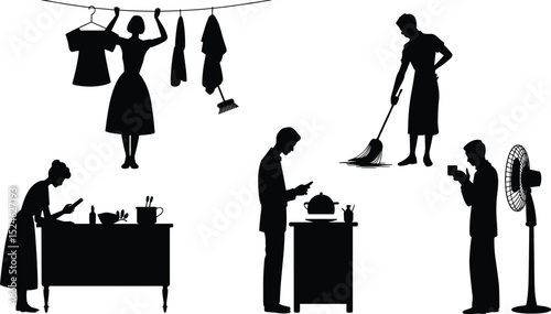 Silhouette of people doing house chores, cooking, mopping, hanging clothes, checking phones, drinking coffee, home routine, daily lifestyle scene illustration flat vector illustration