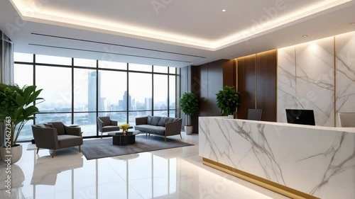 Bright, modern office reception area with marble desk, elegant seating, and cityscape view from large windows