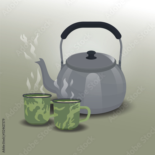 Kettle with two cups of warm water illustration