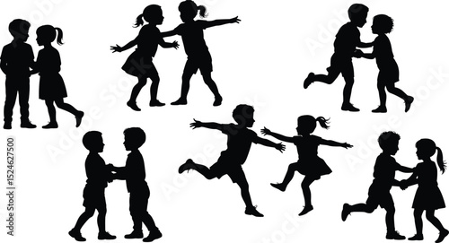 Silhouette of playful children dancing, running, and playing in pairs, kids having fun outdoors, joyful active childhood moments scene illustration flat vector illustration