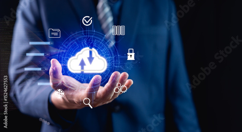 Businessman showing virtual cloud computing system for uploading, downloading data on network sever and applications. Technology data transformation concept data transfer.